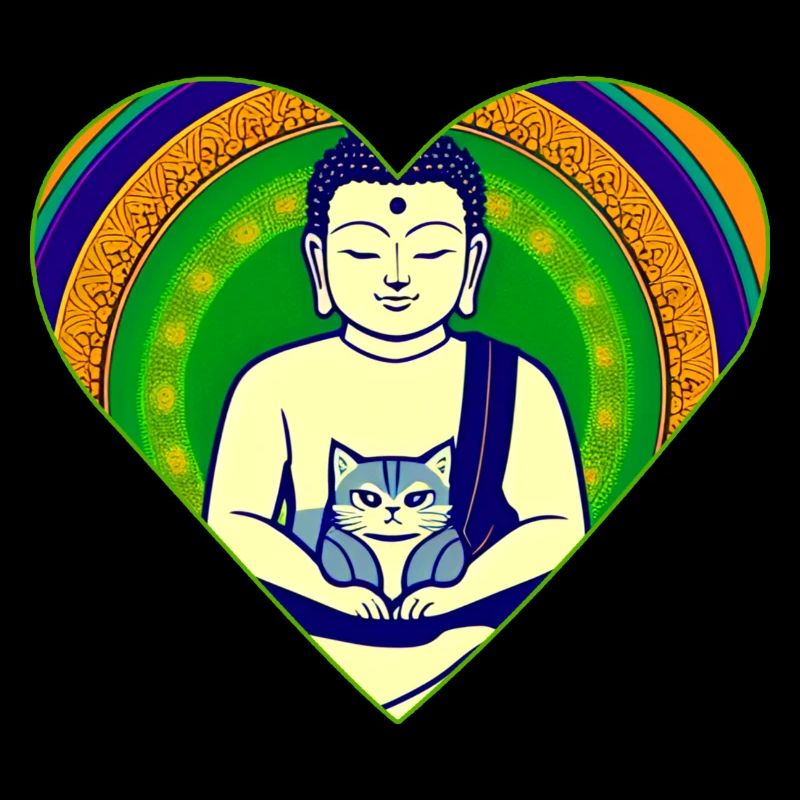 Bouddha avec chat en forme de cœur coloré