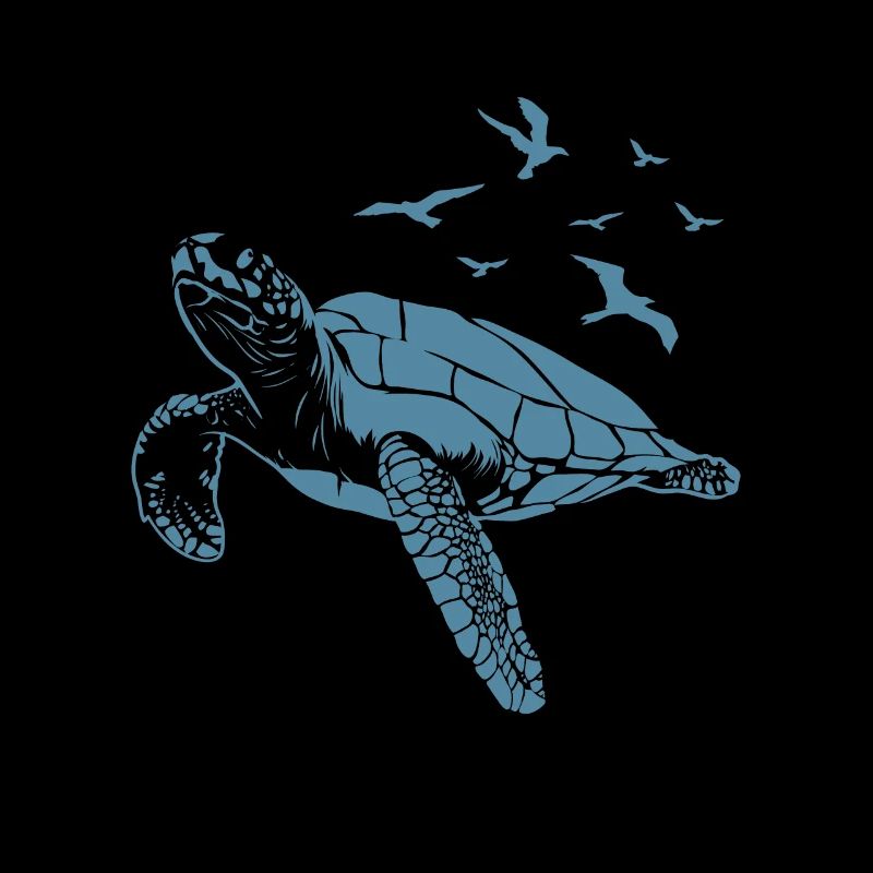 Turtle in the water with birds in the sky