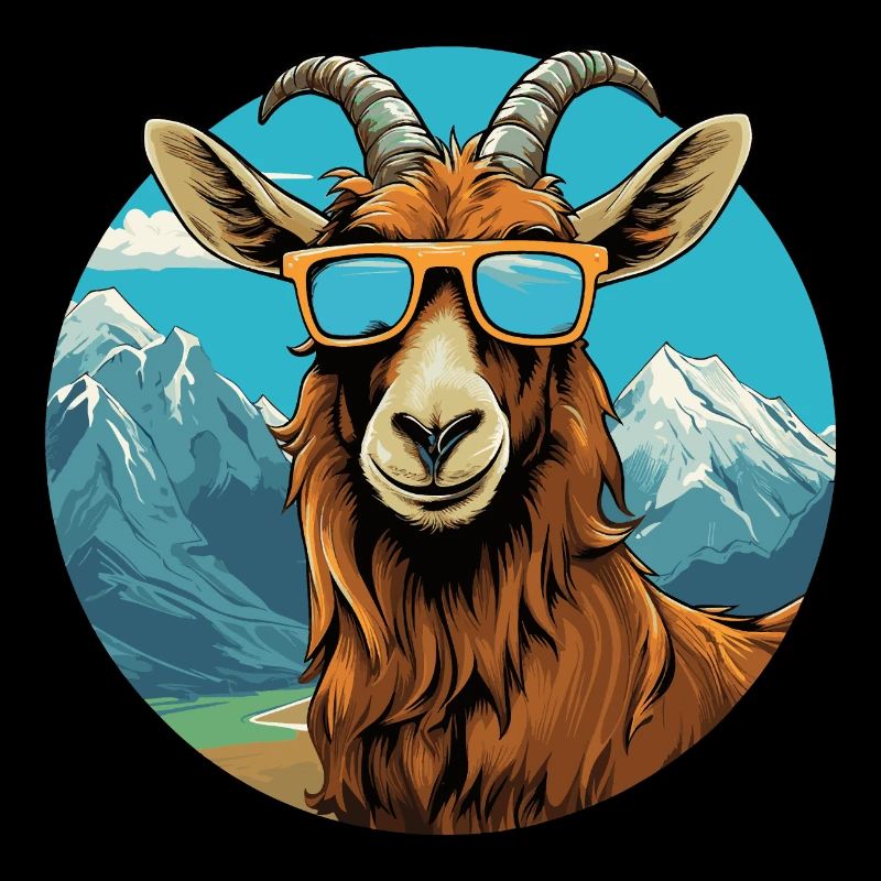 Une chèvre avec des lunettes de soleil dans les montagnes