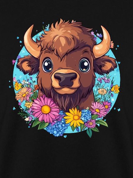 Bison mit Blumenkranz