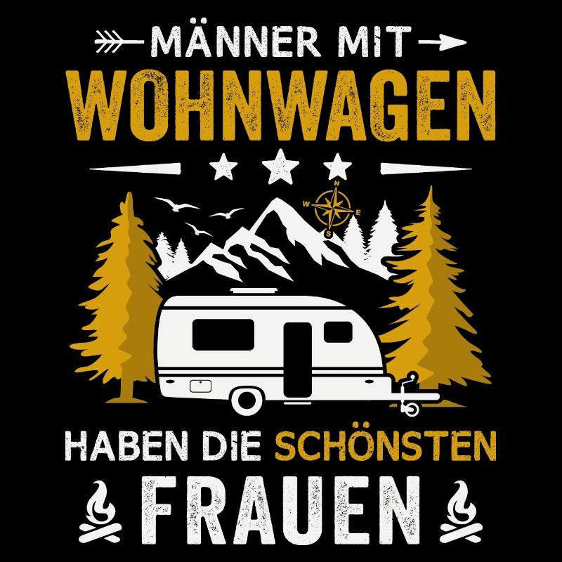Camping Männer mit Wohnwagen Camper