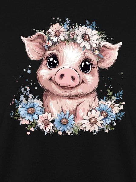 Schwein mit Blumenkranz