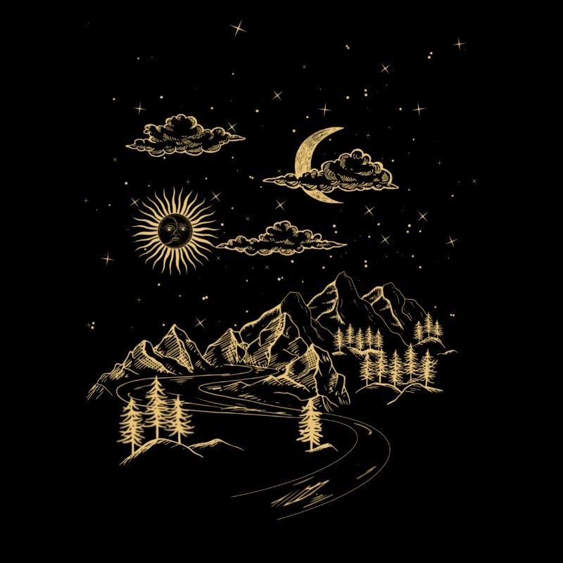 Landscape, drawing, nature, sun, moon, sky