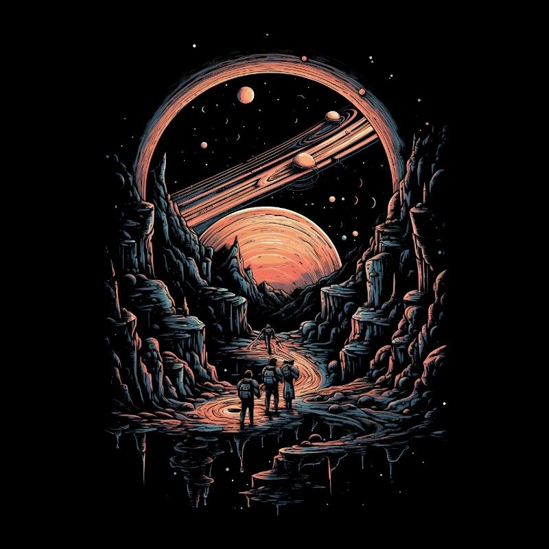 Groupe de marche surréaliste dans les planètes de l’univers