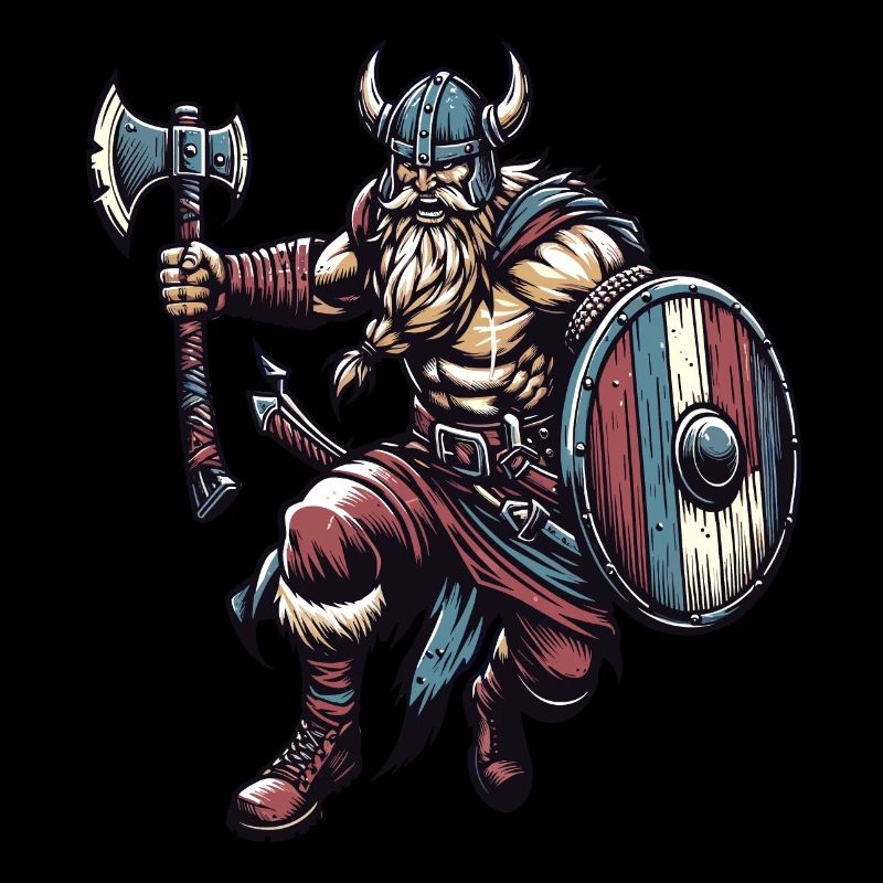 Ein aggressiver Wikinger mit Schwert und Schild