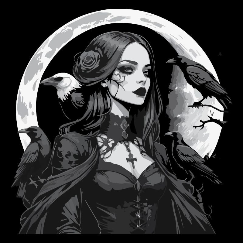 Fille gothique avec des corbeaux sur la lune