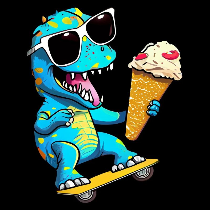 Dino Dinosaurier auf Skateboard der Eiscreme isst
