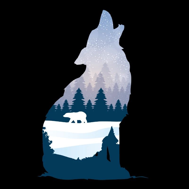 Loup hurlant en silhouette d'hiver avec forêt de conifères