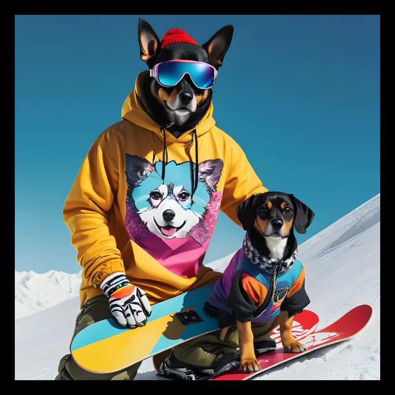 Hunde auf dem Snowboard
