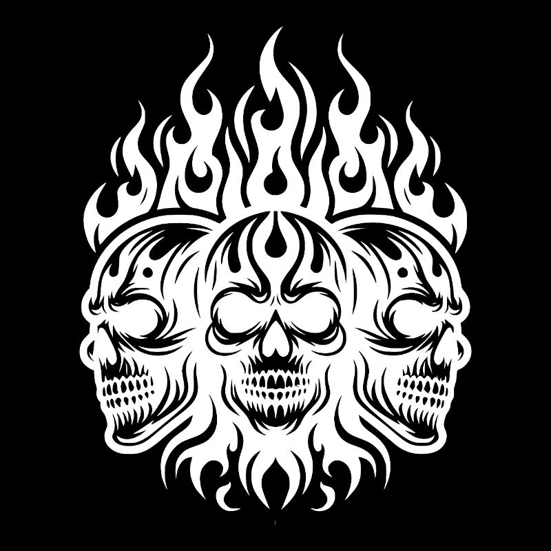 Three Biker Skull Tattoo Tribal Flames Style