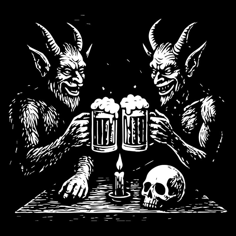 Zwei Teufel trinken Bier in der Kneipe Inferno