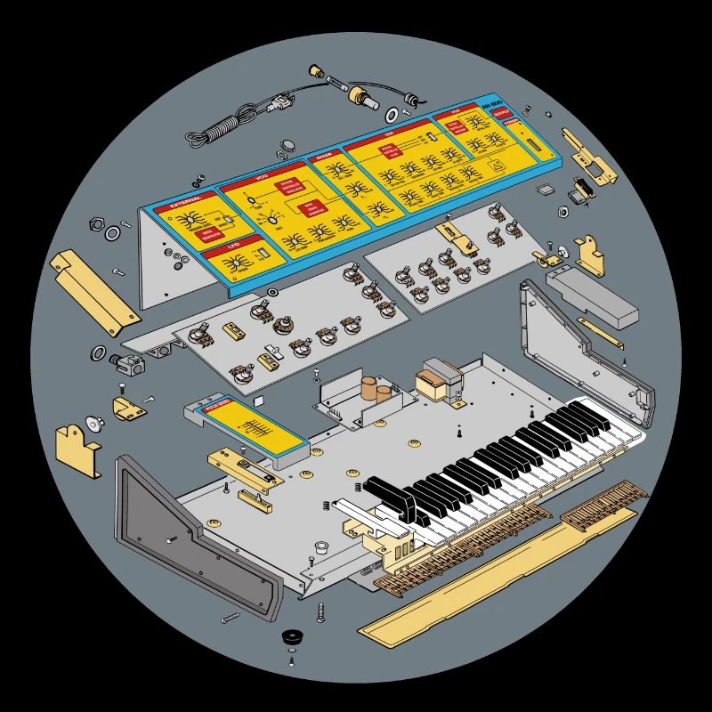 Analog synthesizer in exploded drawing