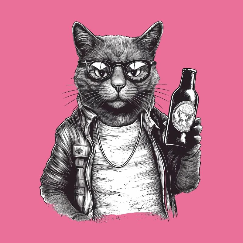 Coole Katze mit Bier, Lederjacke und Sonnenbrille
