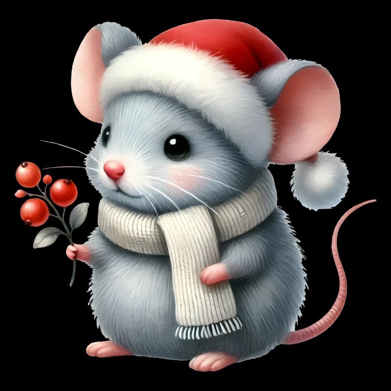 Souris mignonne avec chapeau de Père Noël et branche de baie