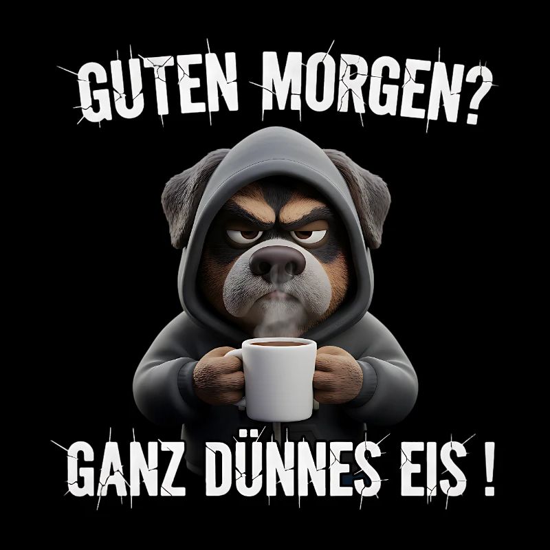 Grumpy dog with coffee for tired morning people