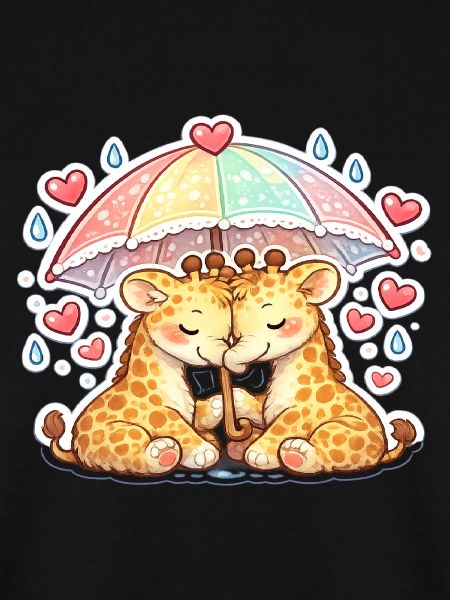 Cuddly giraffes under rainbow