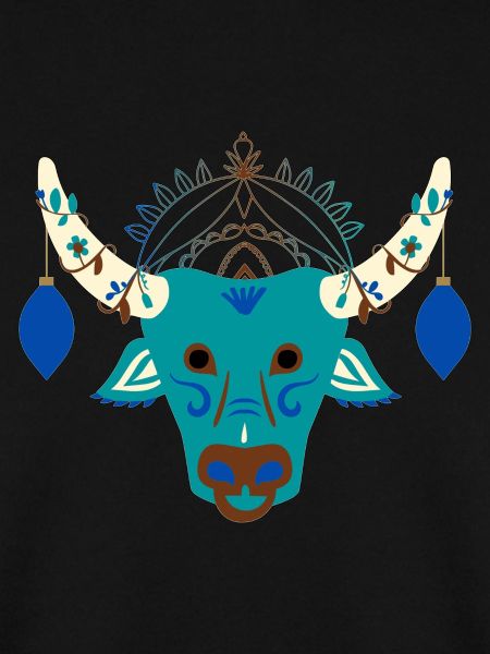 Blauer Stier mit festlichem Kopfschmuck