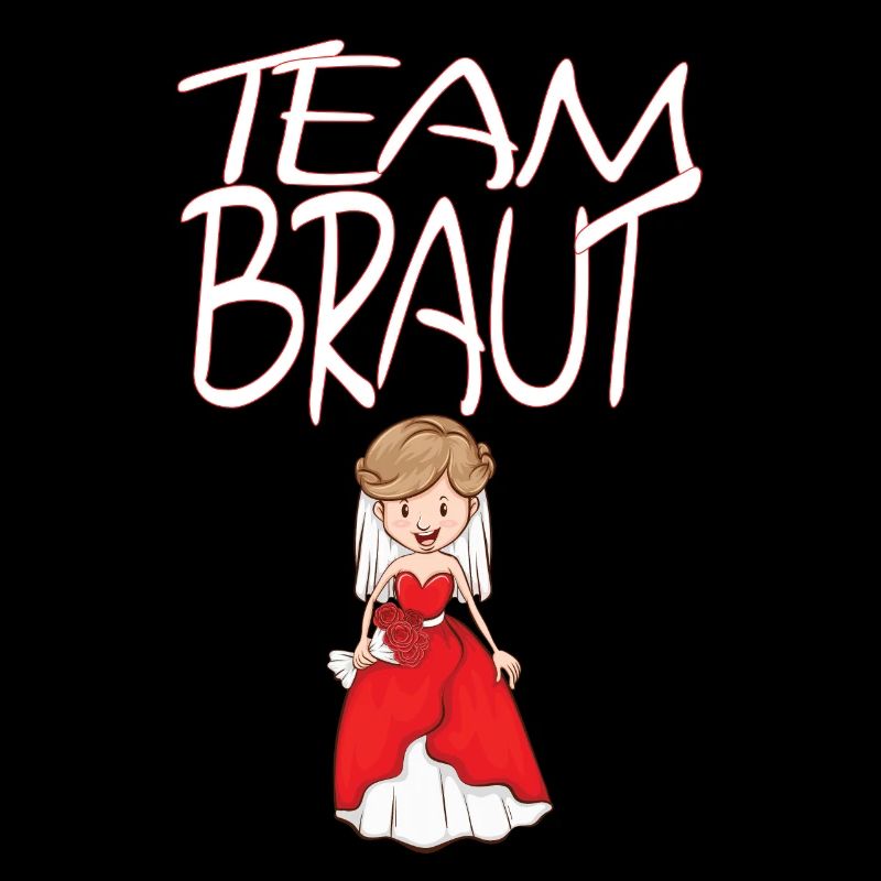 Team Braut mit lustiger Braut in rotem Brautkleid