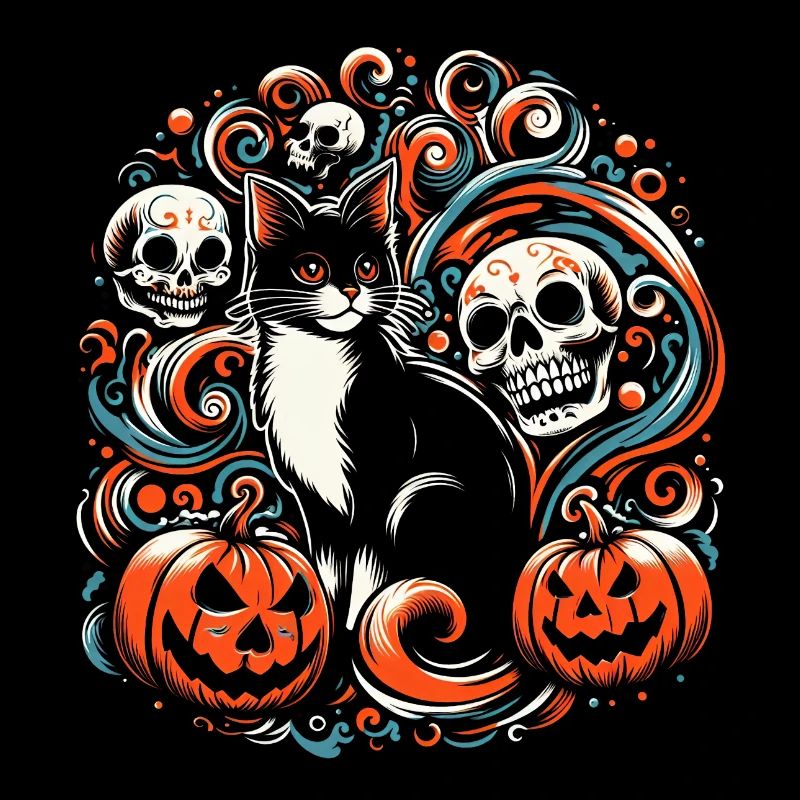 Halloween-Katze mit Kürbissen