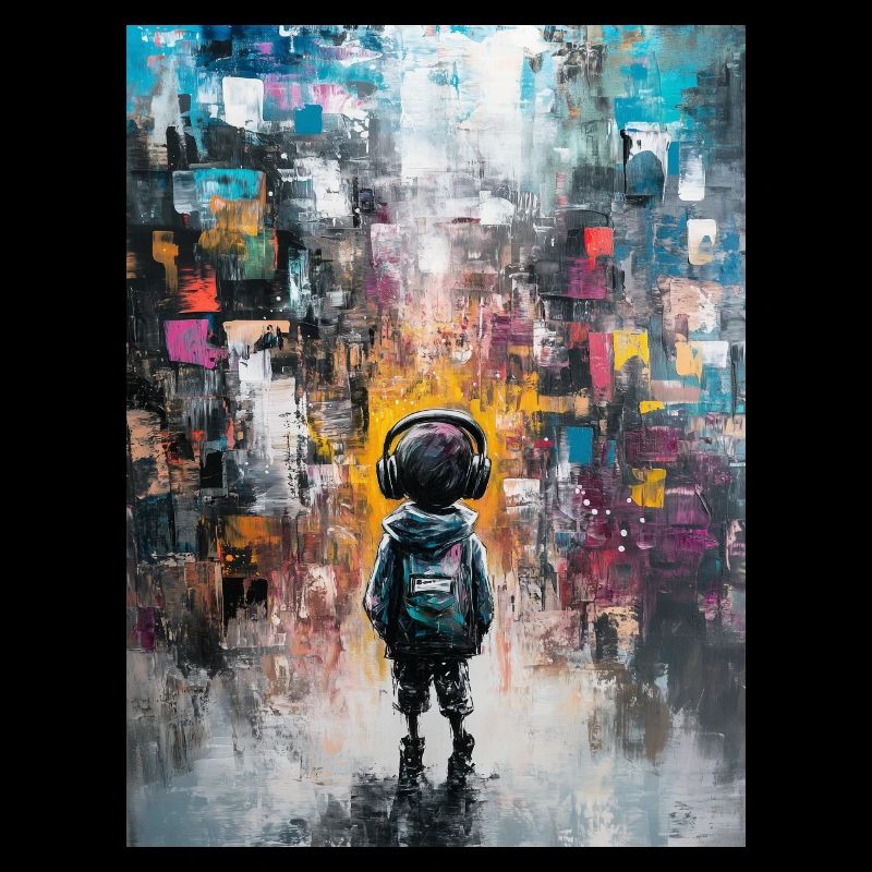 Child with headphones looking at the abstract