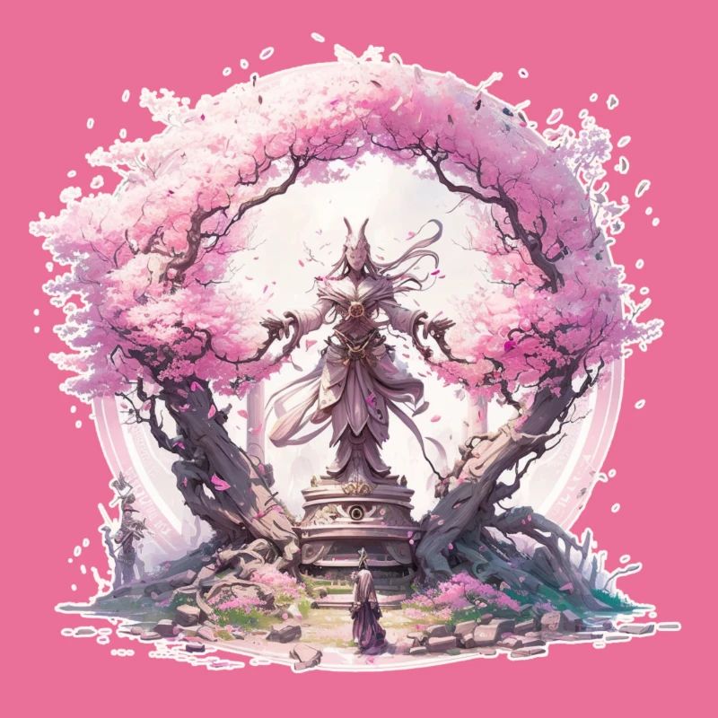 Statue under a cherry blossom tree
