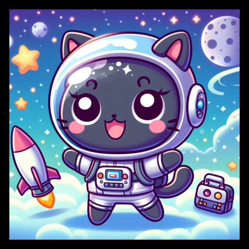 Space Kitty in space with rocket and bag