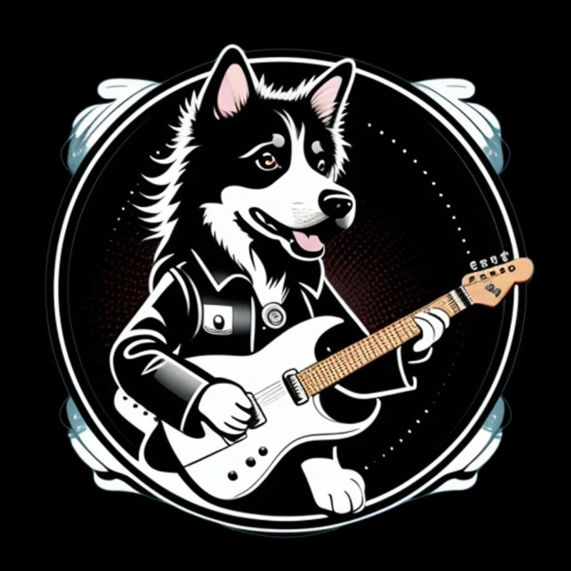Hund spielt auf einer Gitarre und singt ein Lied