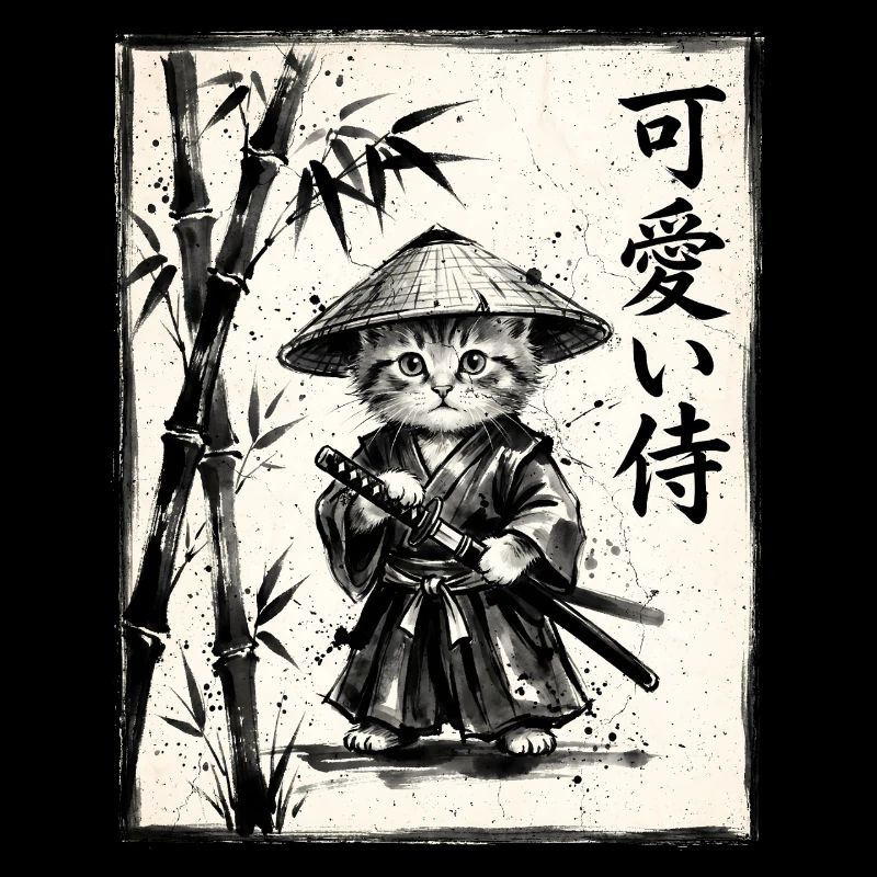 Chat samouraï Dessin à l’encre Sumi-e