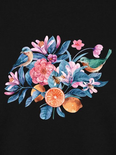 Bunte Blumen und Vögel