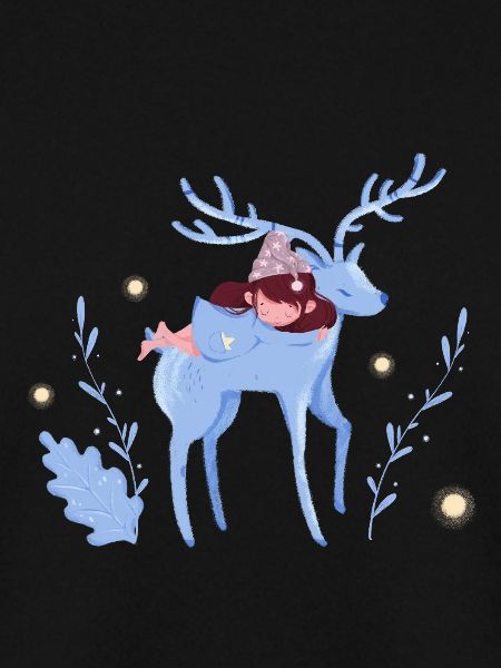 Child slumbers on deer