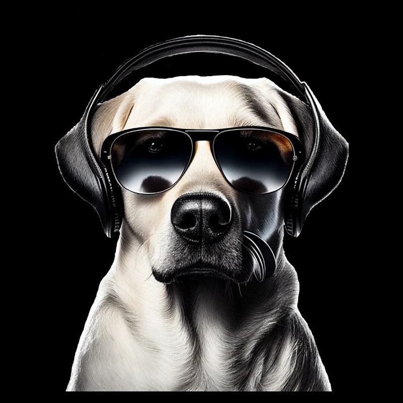 Labrador mit Kopfhörer und Sonnenbrille
