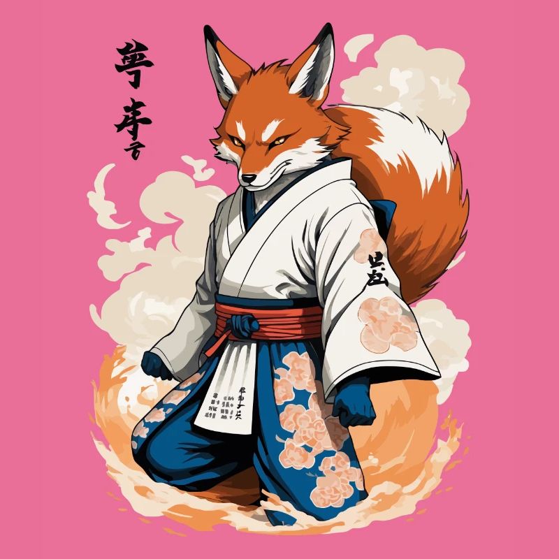 Kitsune Samouraï Renard Vintage Ukiyo-e Style