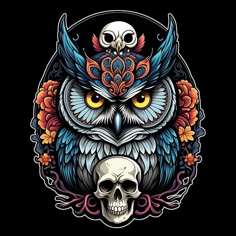 Decorative Owl with Skull and Rose Petals