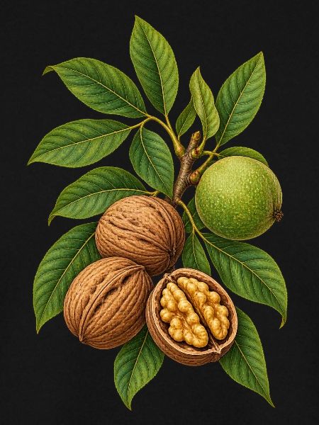Walnüsse mit Blättern Botanische Illustration