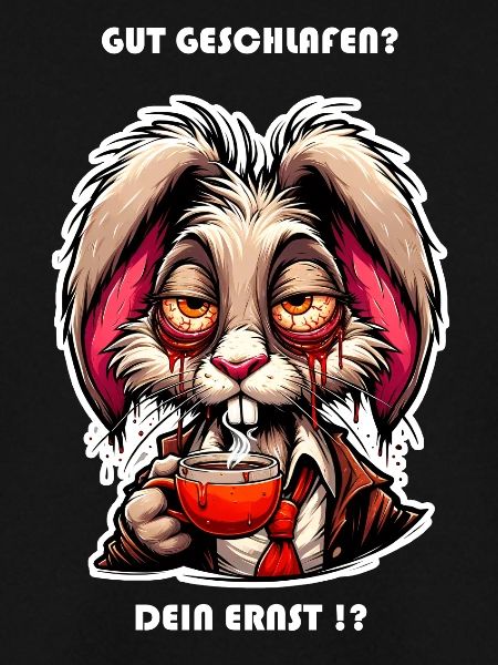 Hase verschlafen mit Kaffeetasse
