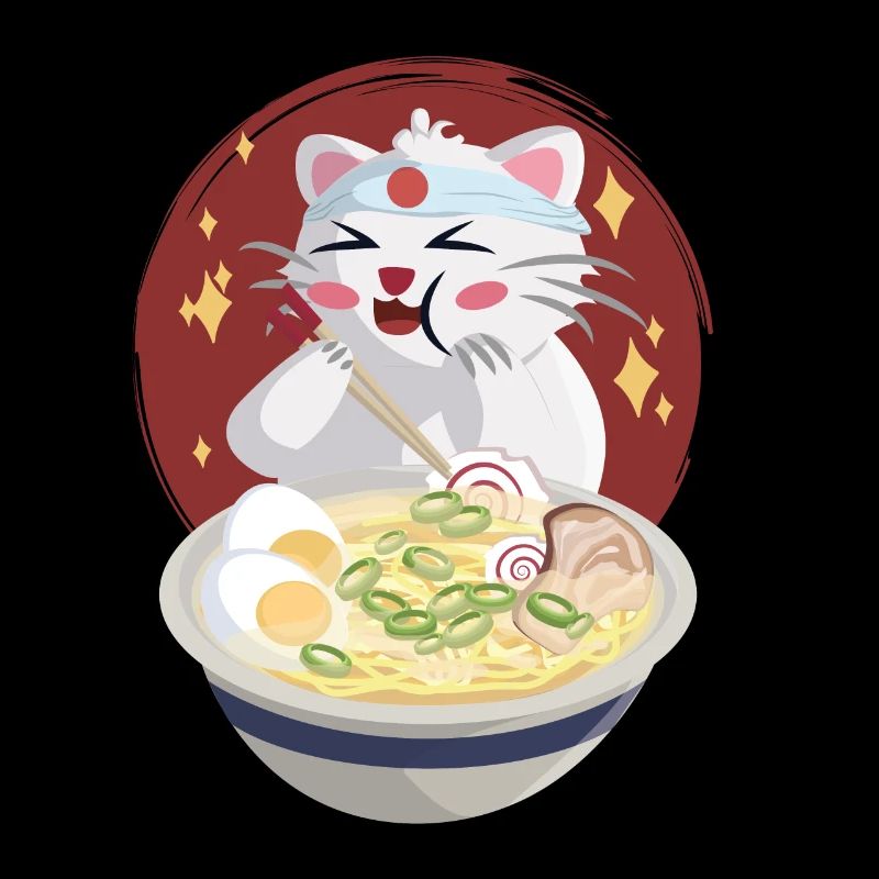 Le chat mange des nouilles