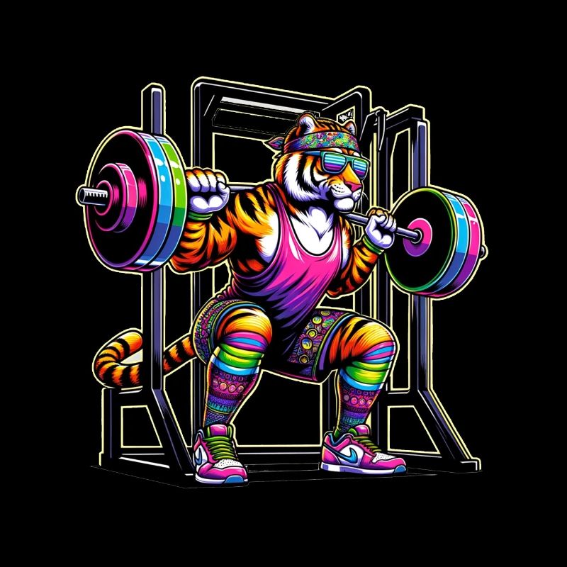 Strong Rainbow Tiger Squatting in the Gym