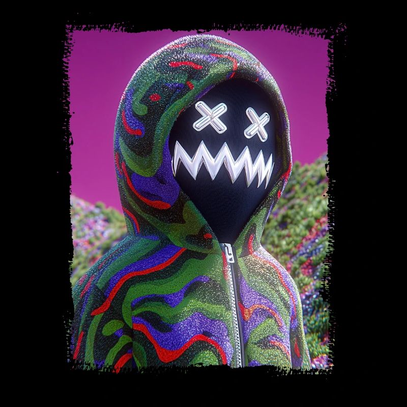Psychedelic Maskenfigur Neon Glitch Grafik