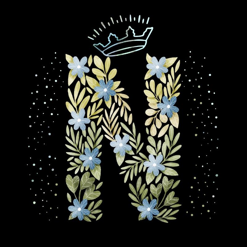 Monogramm Buchstabe N mit Krone, florales Ornament