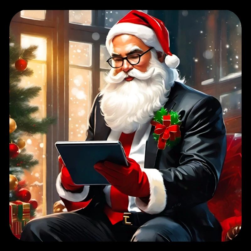 Cooler moderner Weihnachtsmann im Anzug und Tablet