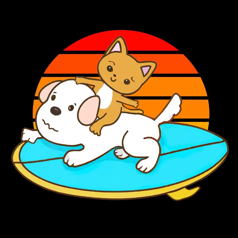 Katze reitet auf einem Hund Surfbrett