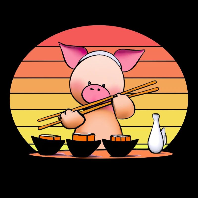 Schwein versucht Sushi mit Stäbchen