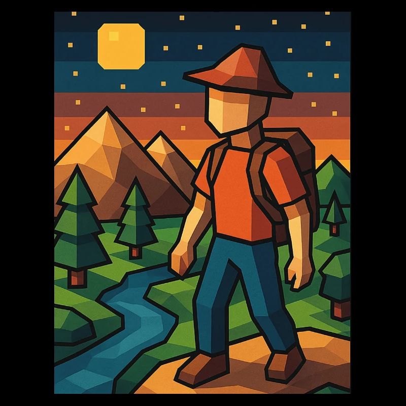 Low-Poly Wanderer Abenteuer Natur Retro Stil