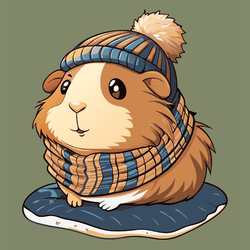 Mignon cochon d’Inde avec écharpe et chapeau à pompon.