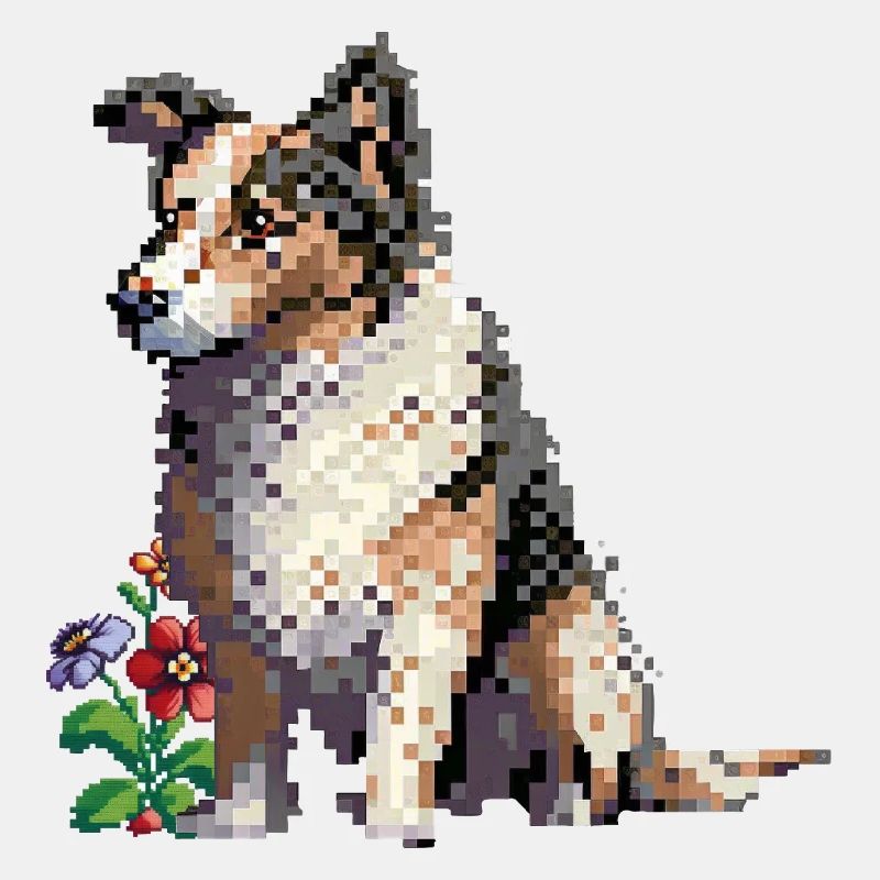 Pixel art chien avec des fleurs