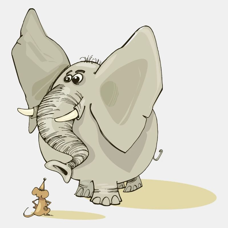 Risegier Elefant hat angst vor kleiner Maus