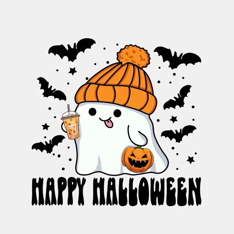 Halloween Ghost with Bubble Tea Jack-o-lantern Hat
