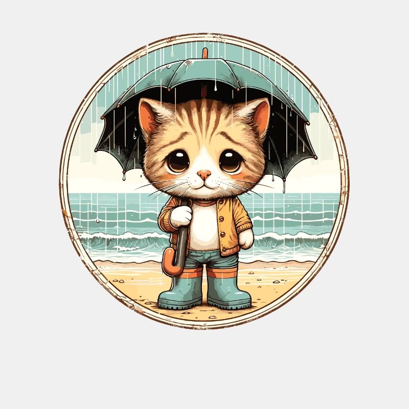 Chat mignon avec des bottes en caoutchouc et un parapluie
