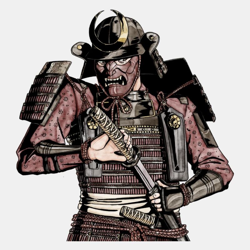 Gepanzerter Samurai beim Ausscheiden seines Katanas
