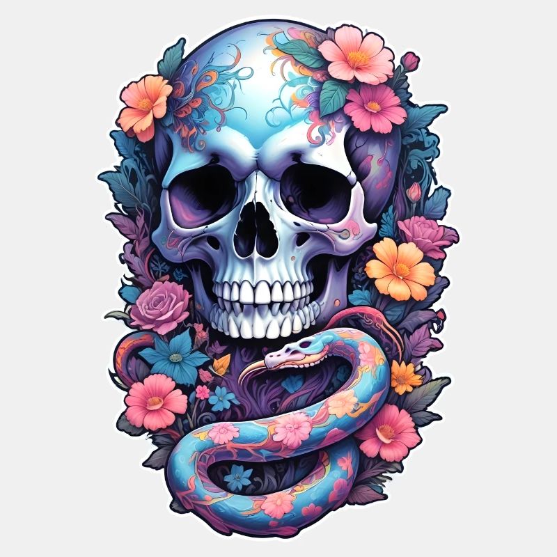 Tête de mort skull serpent coloré, fleurs, couleur
